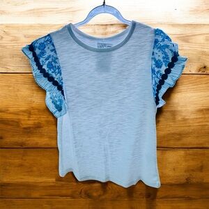 Women's White and Blue Ruffle Sleeve Top